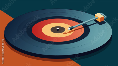 A macro shot of a record needle delicately landing on a record as it begins to spin. Vector illustration