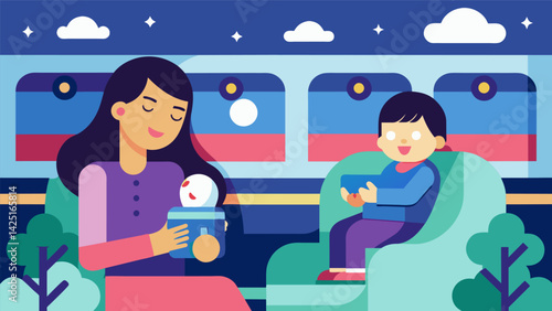 A busy commuter train becomes a serene sanctuary as a mother plays a calming lullaby for her fussy child soothing both of their nerves and creating a.