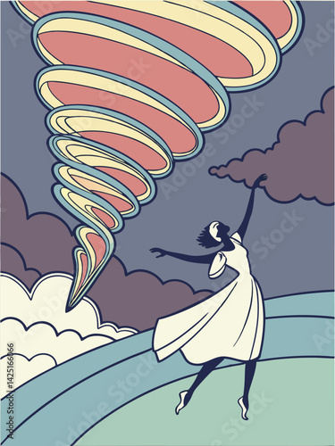 Whimsical Art: Woman Dancing with Tornado, Retro Style Illustration, Colorful Spiral Storm, Surreal Sky Scene, Vintage Design