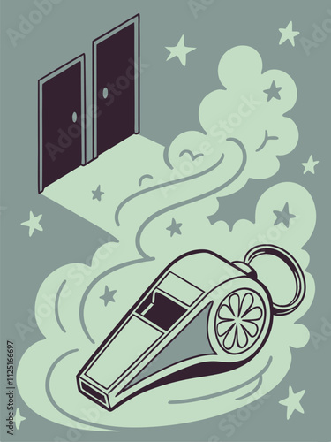 Whistleblowing Illustration: Two Doors, Whistle, Smoke, Stars, Isometric Style, Cartoon Design, Concept Art, Gray and Teal Color Palette