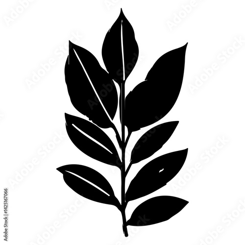 Leafy Branch Silhouette on White Background
