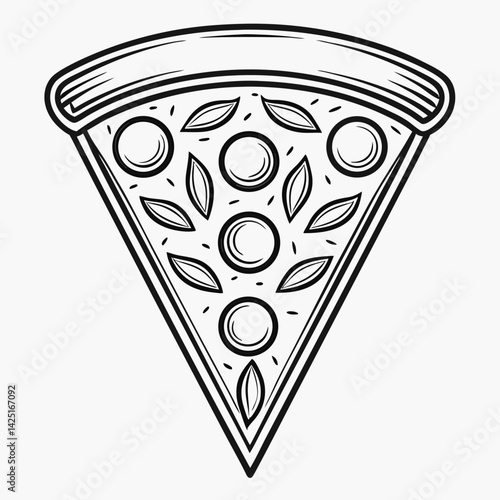 Vintage hand-drawn ink sketch of pizza slice with anchovies, olives, peppers, textured crust, engraved style, white background 