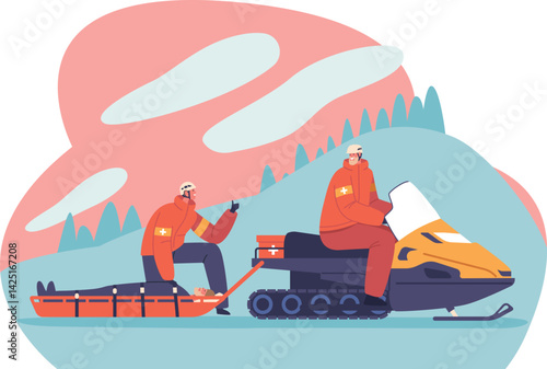Winter rescuer team transporting victim