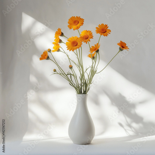 Delicate arrangement of calendula flowers in a simple vase
