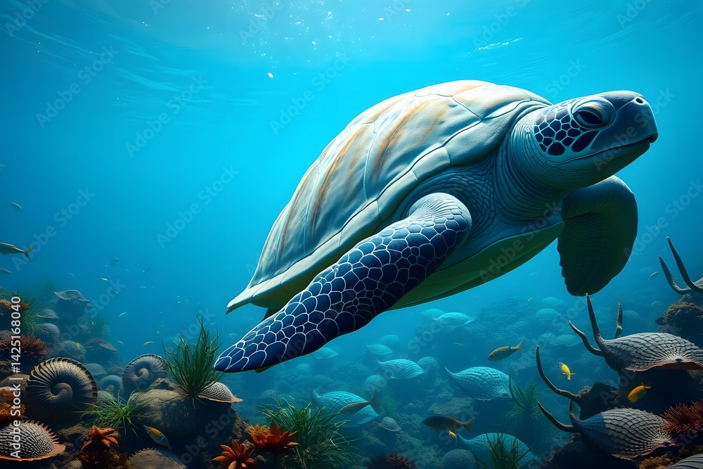 Obraz premium Sea Turtle Gliding Through Coral Reef's Azure Embrace