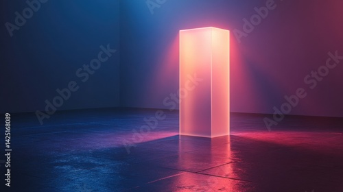 A glowing frosted glass pedestal softly illuminated by a dim, overhead spotlight