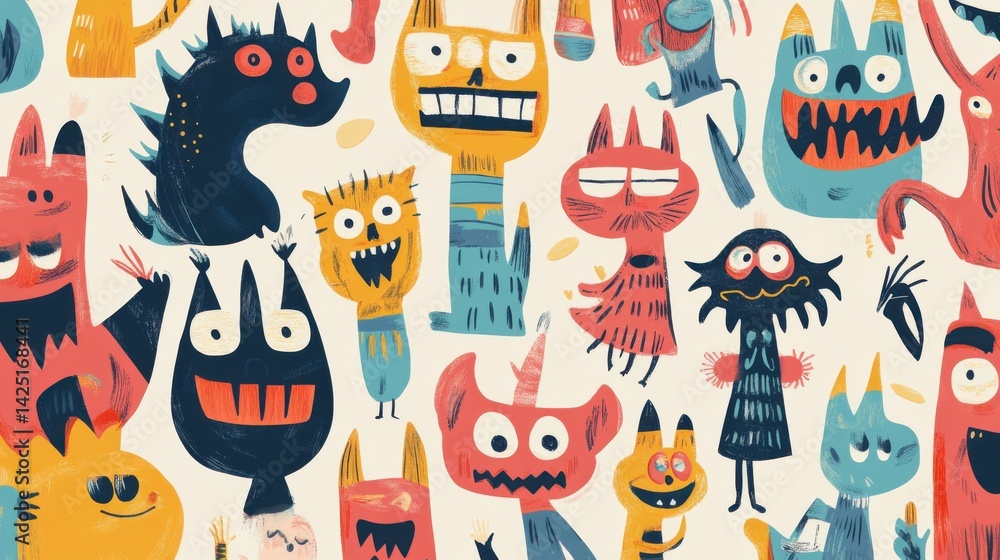 Fototapeta premium Cartoon Monsters Pattern Illustration