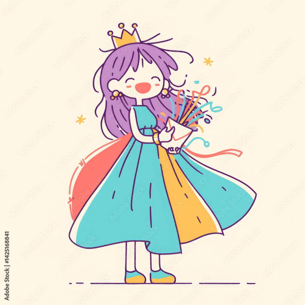Delighted female character in colorful dress holding confetti Delighted female character in colorful dress holding confetti