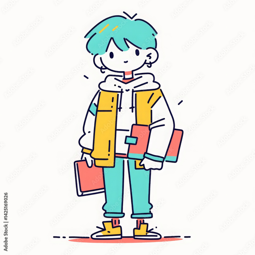 colorful cartoon character holding books, wearing stylish outfit, and looking focused colorful cartoon character holding books, wearing stylish outfit, and looking focused