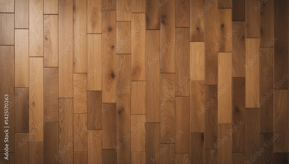 Fototapeta premium Parquet-style wooden floor with vertical rectangular planks in varying shades of warm brown. Shows a classic and textured surface.