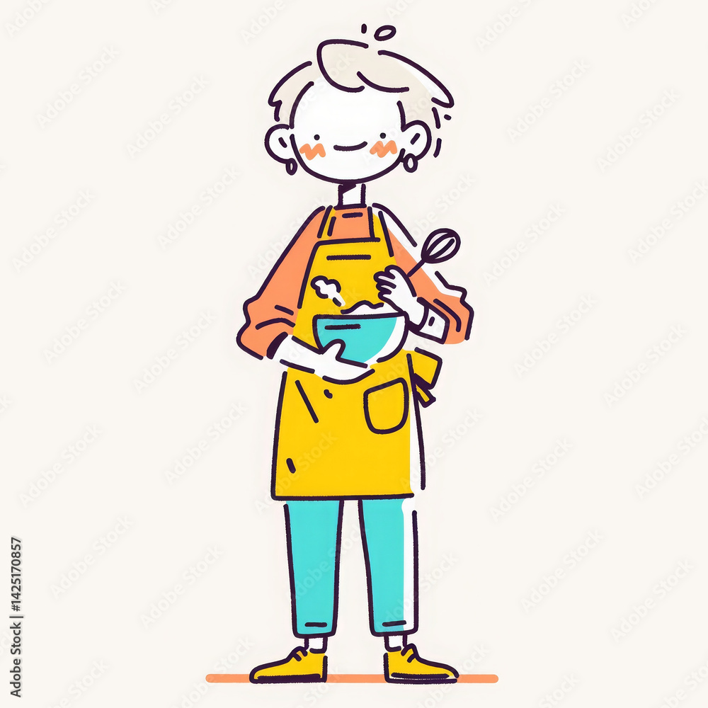 cheerful character in apron holds mixing bowl and spoon, ready to cook cheerful character in apron holds mixing bowl and spoon, ready to cook