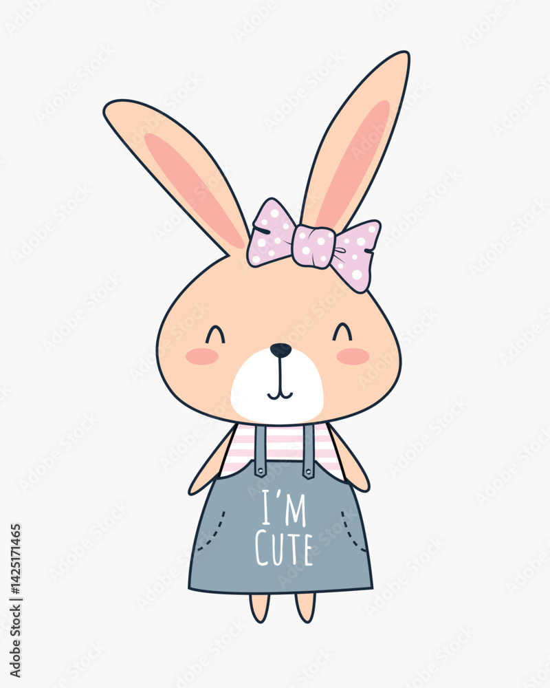 Cute girly rabbit with hair tie isolated vector illustration for textile, kids apparel, book cover, background and others Cute girly rabbit with hair tie isolated vector illustration for textile, kids apparel, book cover, background and others
