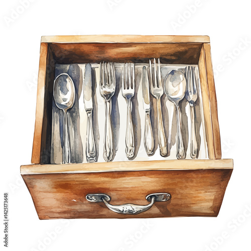 Drawer filled with spoons forks and knives, watercolor illustration, isolated on a white background.

