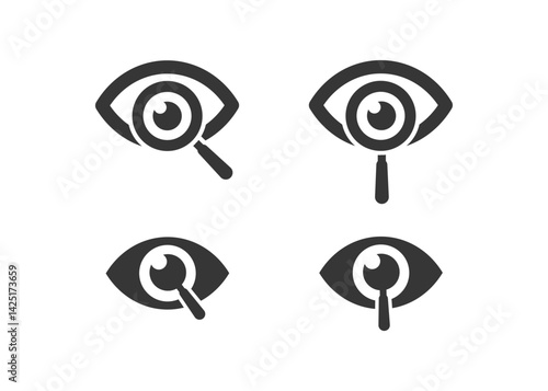 Eye and magnifying glass icon set stock illustration