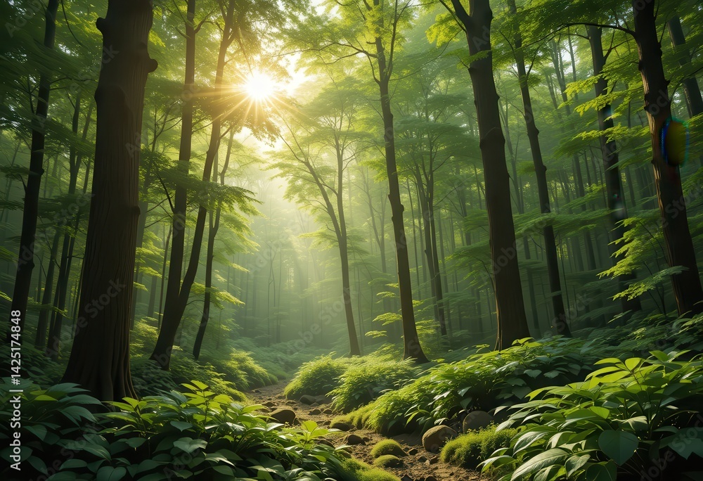 Fototapeta premium Beautiful forest with sunlight filtering through trees at dawn