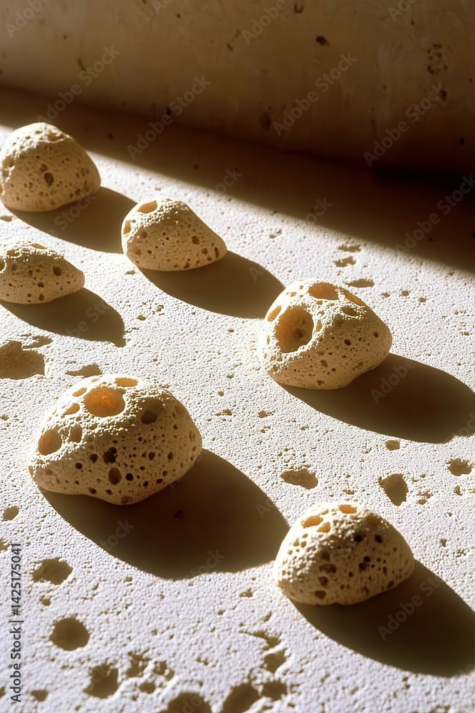 Porous, pale stones cast intriguing shadows on a textured surface, creating a minimalist, earthy composition