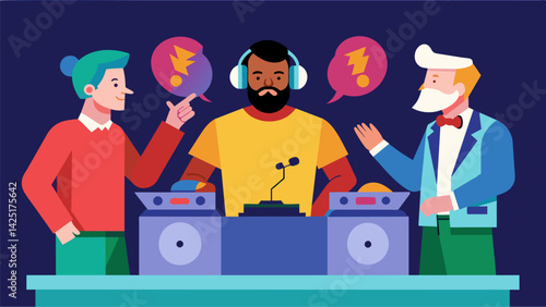 A panel of judges has the difficult task of deciding the winner as the DJs have both proven their talent in this thrilling battle. Vector illustration