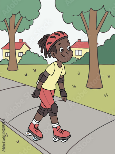 Young Black Girl Rollerblading on Sidewalk, Wearing Helmet and Pads, Cartoon Illustration, Outdoor Scene