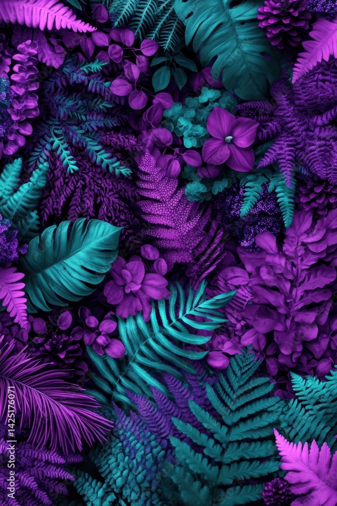 Lush, vibrant tropical foliage in shades of teal and purple creates a dense, textured botanical display