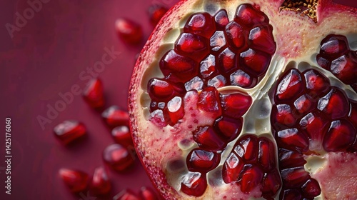 Halved Pomegranate with Seeds on Red Background