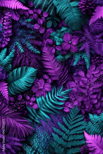 Obraz na płótnie Lush, vibrant tropical foliage in shades of teal and purple creates a dense, textured botanical display w salonie