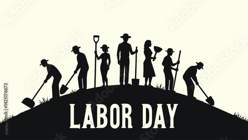 Labor Day Silhouette Workers with Tools on Hill