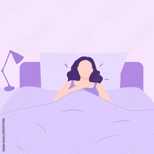 A tired woman sleeping and relaxing in bed for comfort and self care at home. A comfortable person, lying with a pillow feeling cozy at night time and getting some rest by napping in the bedroom