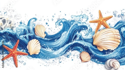 Illustration of Waves, Seashells, and Starfish