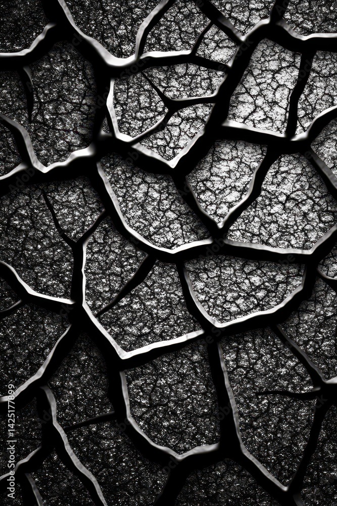 Intricate, cracked dark surface resembling scales or mosaic tiles. High contrast black and white texture with a unique, organic pattern