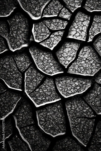 Obraz na płótnie Intricate, cracked dark surface resembling scales or mosaic tiles. High contrast black and white texture with a unique, organic pattern w salonie