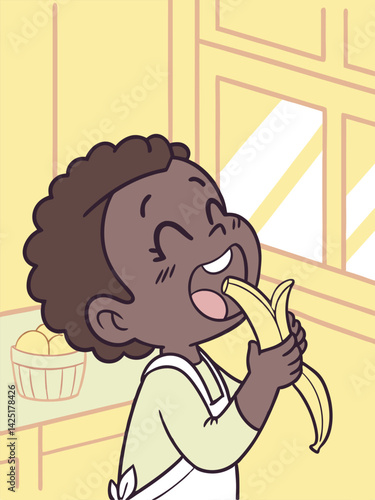 Cartoon Child Enjoying a Banana: Illustration of a Smiling Black Girl Eating Fruit in a Kitchen with a Basket of Bananas