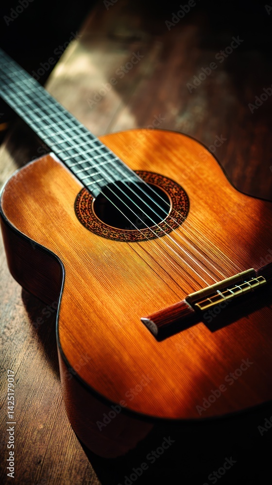 Fototapeta premium Acoustic guitar on wooden surface