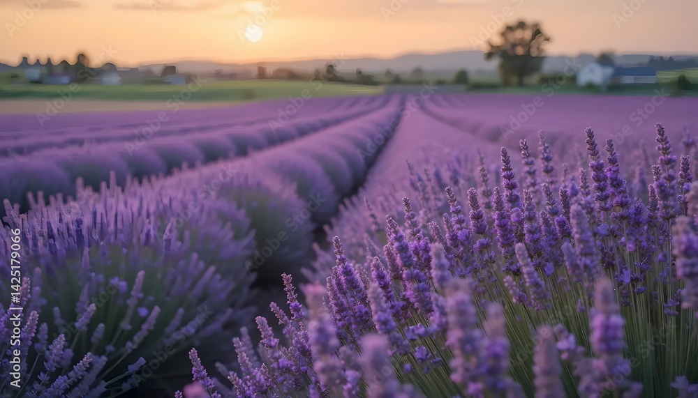 Obraz premium Lavender Field at Sunset Floral Landscape with Purple and Pink Hues