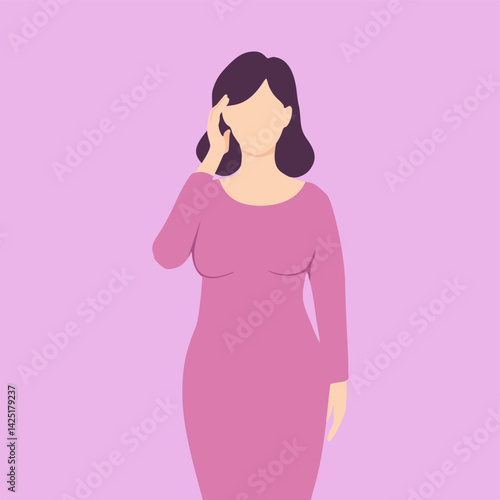 A sad woman with a headache from stress, ill health or crisis needing care and wellness. A tired person feeling hurt, pain and an ache in her head due to anxiety, depression and a chronic concern