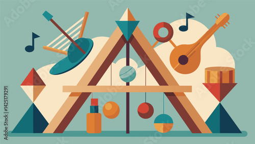 A geometric sculpture with intersecting wooden beams each representing a different instrument in a song and their corresponding sound waves. Vector illustration