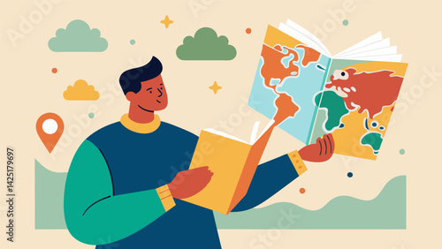 A collector flipping through a book of handdrawn maps admiring the expertly drawn illustrations and elaborate borders.. Vector illustration