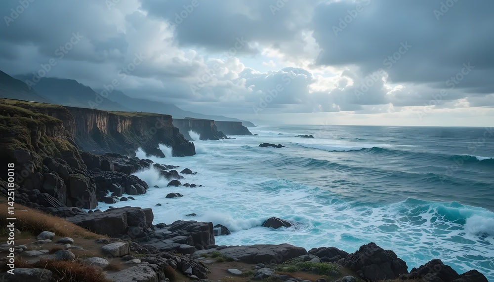 Waves Crashing on Rocky Coastline Under Cloudy Sky Near Cliffs Waves Crashing on Rocky Coastline Under Cloudy Sky Near Cliffs