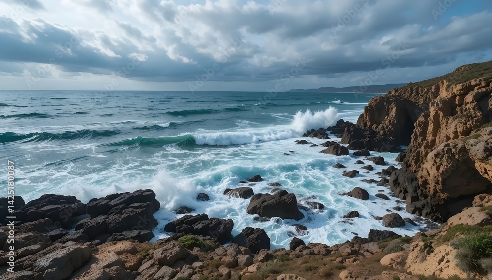 Ocean Waves Crashing on Rocky Shoreline Under Cloudy Sky Ocean Waves Crashing on Rocky Shoreline Under Cloudy Sky