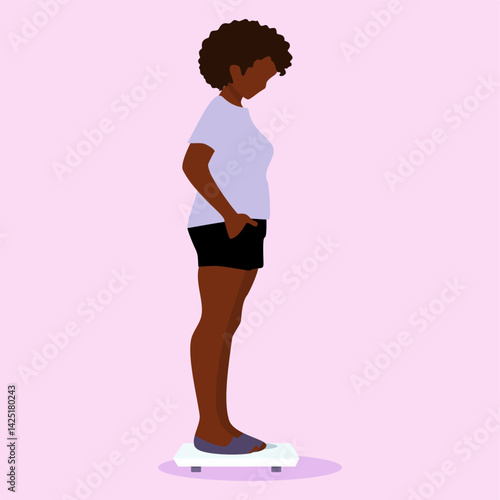 A black woman on a scale checking weight gain or loss to measure her body mass index. A person making a healthy change by dieting, exercise and wellness routine to avoid obesity and being overweight