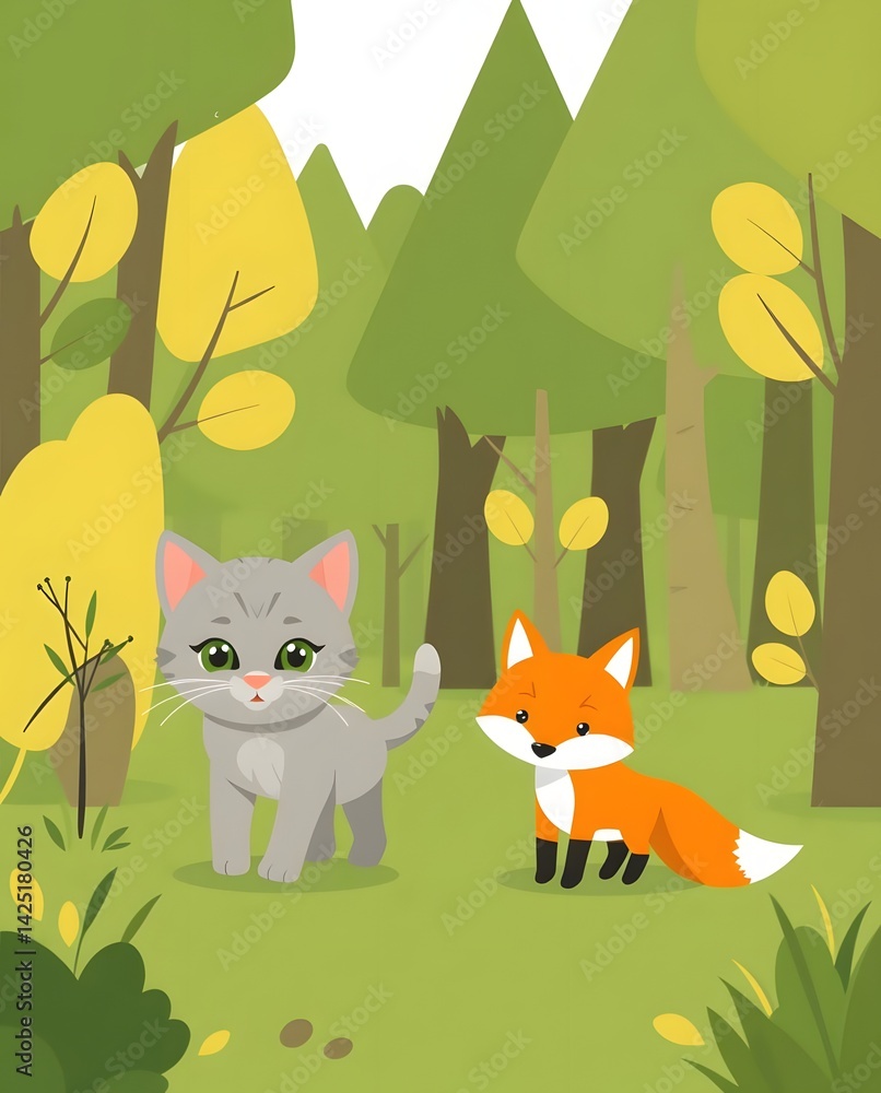 Cartoon Cat and Fox Meeting in Forest Scene Cartoon Cat and Fox Meeting in Forest Scene