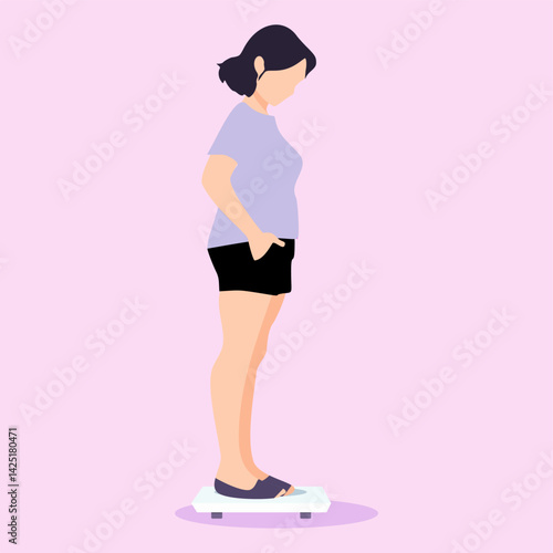 A woman on a scale checking weight gain or loss to measure her body mass index. A person making a healthy change by dieting, exercise and wellness routine to avoid obesity and being overweight
