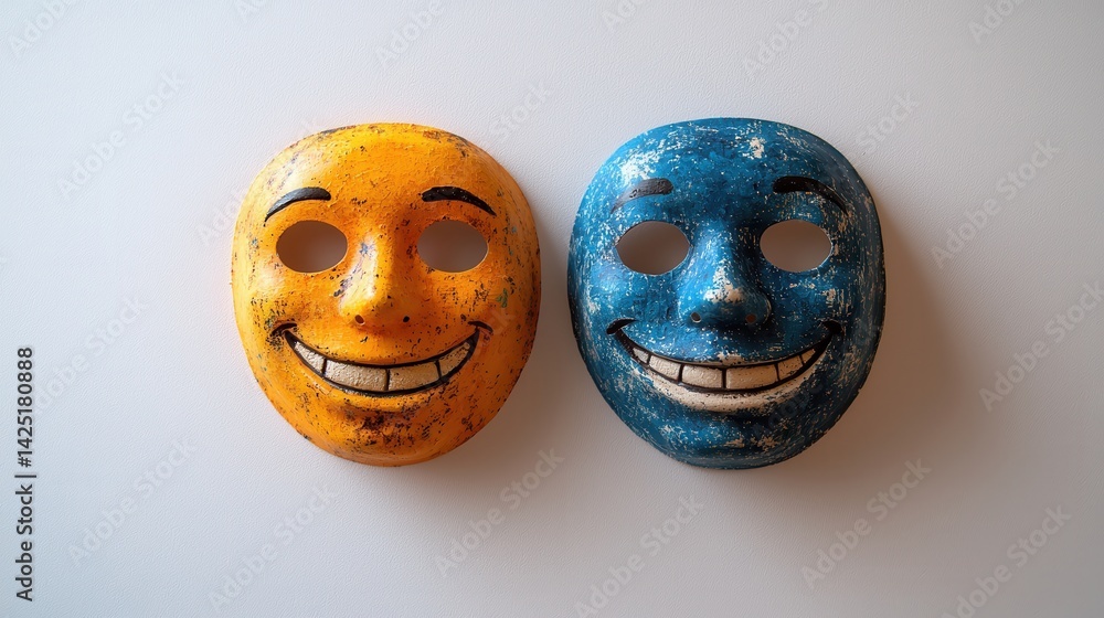 Mental Health Awareness Month Two colorful masks, one orange and one blue, with smiling faces displayed side by side.