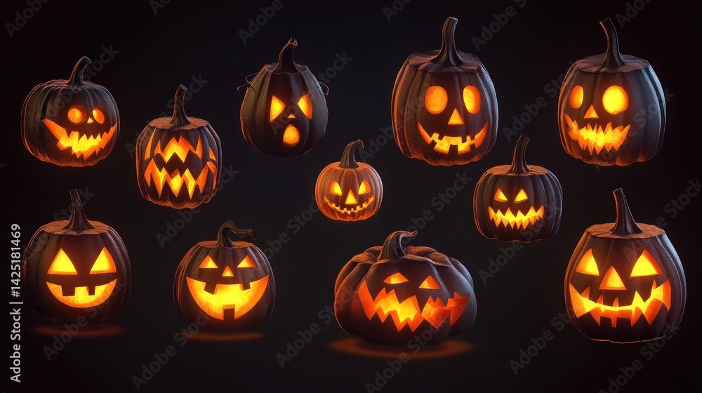Spooky jack-o'-lanterns, various expressions Spooky jack-o'-lanterns, various expressions