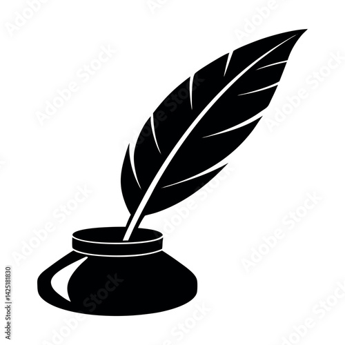 Vintage feather pen with ink in an antique inkwell illustration