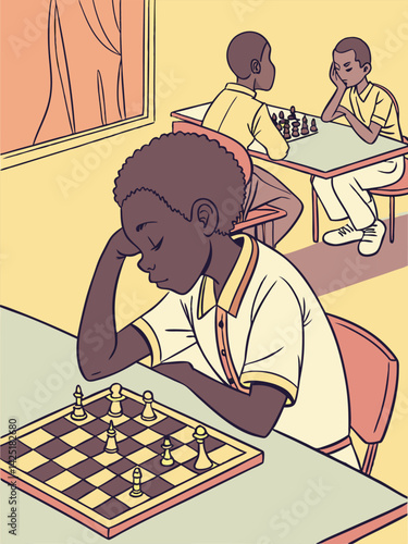 Young Black Boy Deep in Thought Playing Chess in a Retro Style Illustration, Thinking Hard at the Board