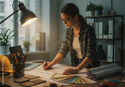 Female interior designer working at desk with architectural drawings, laptop, and desk lamp