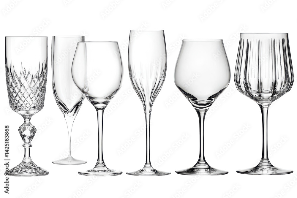 Elegant Collection of Crystal Wine Glasses showcasing different shapes and sizes against a stark black background perfect for special on transparent background Elegant Collection of Crystal Wine Glasses showcasing different shapes and sizes against a stark black background perfect for special on transparent background