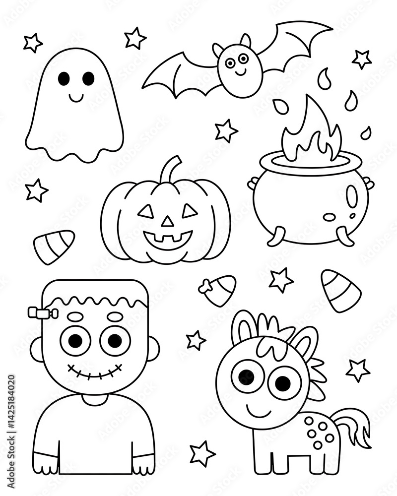 Fototapeta premium Cute Halloween Characters Black and White Line Drawing Kawaii Style Ghost Bat Pumpkin Cauldron Frankenstein Unicorn Candy Corn Stars
