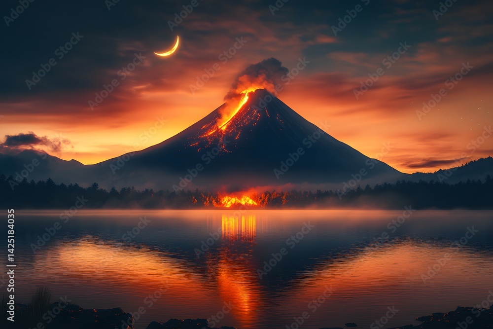 Fototapeta premium Volcano erupting at night reflecting in lake with crescent moon in the sky and orange sunset glow