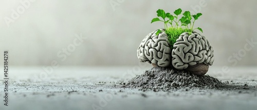 Mental Health Awareness Month A brain with plants growing from it symbolizes growth and creativity.
